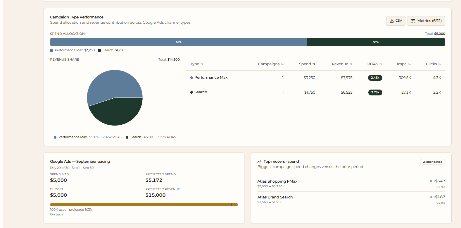 Navi Google Ads view showing campaign type performance and monthly pacing