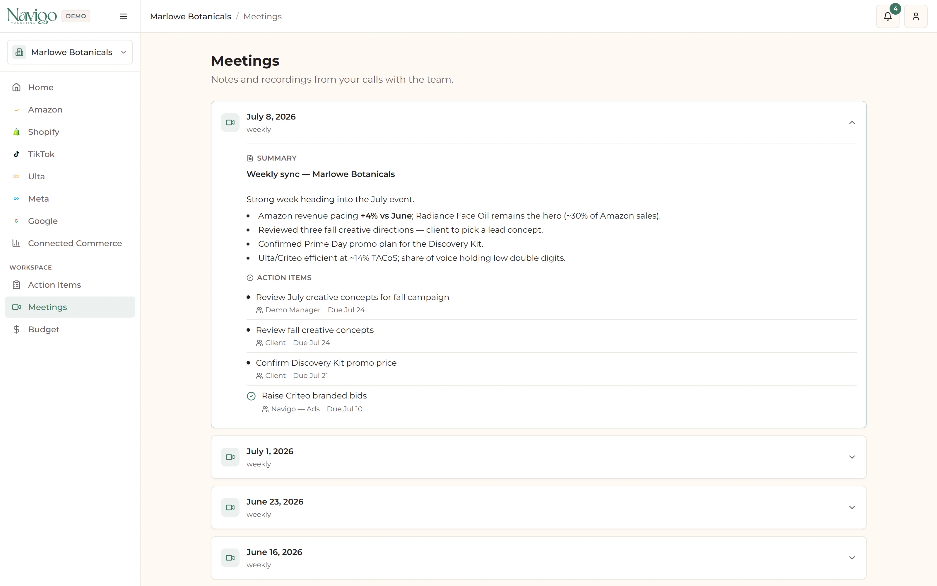 Weekly sync summary with decisions and assigned action items.